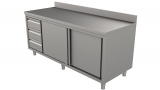 Rvs Werktafel Rand Met Schuifdeuren en Laden Links 1800 x 700-line