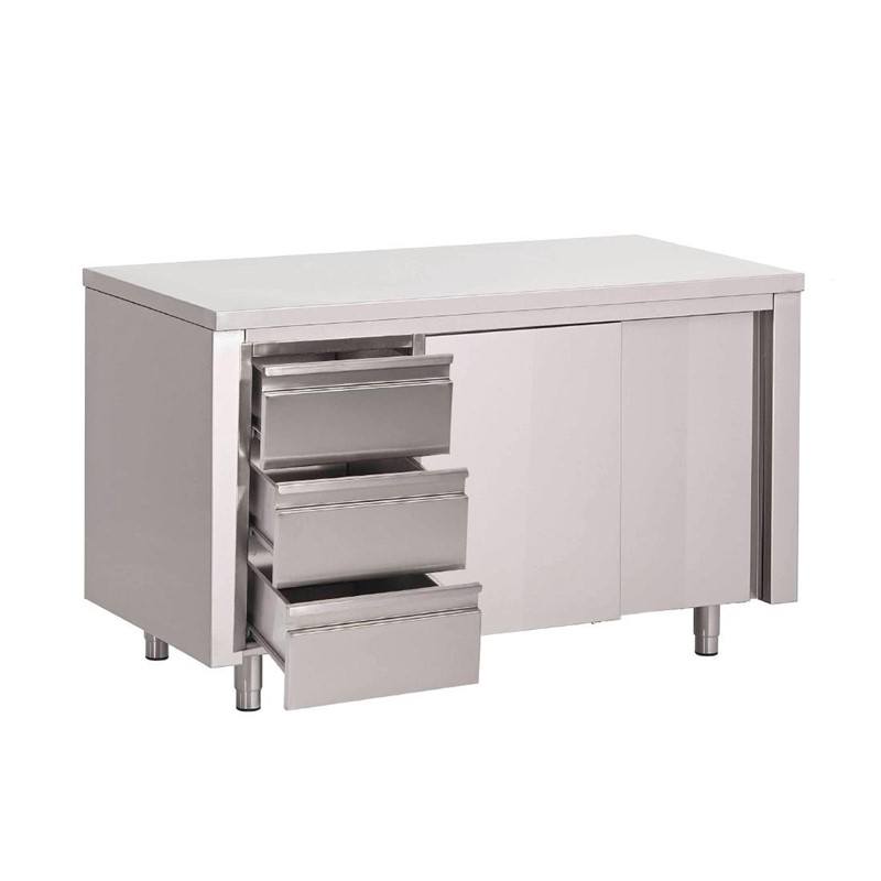 Gastro M RVS werktafel met schuifdeuren en 3 laden 88x160x70cm Gastro M RVS werktafel met schuifdeuren en 3 laden 88x160x70cm