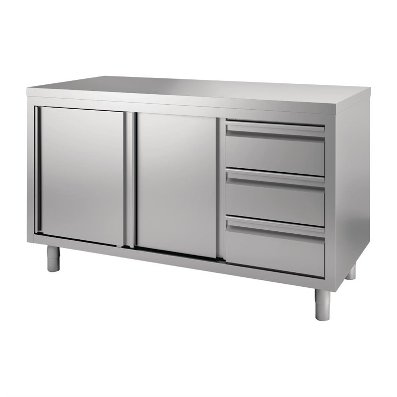 Gastro M RVS werktafel met schuifdeuren en 3 laden 88x140x70cm Gastro M RVS werktafel met schuifdeuren en 3 laden 88x140x70cm