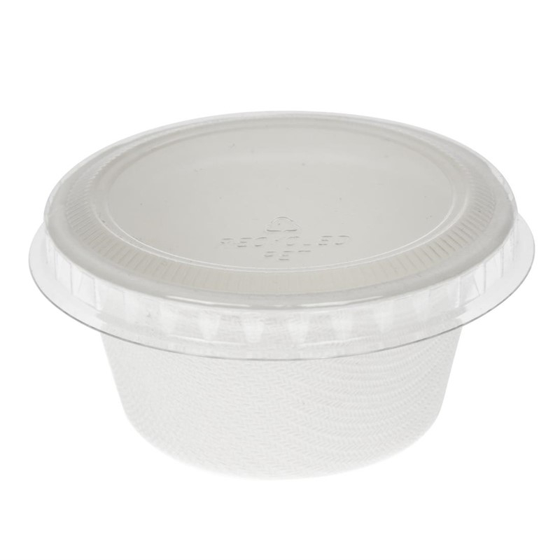 Solia bagasse sausbakjes met PLA deksel 60ml (50 stuks) Solia bagasse sausbakjes met PLA deksel 60ml (50 stuks)