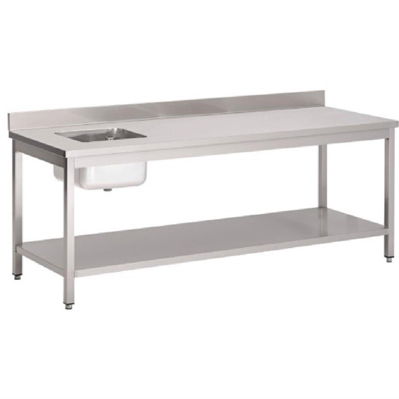 Gastro M RVS werktafel met spoelbak links en achterwand 180(L) x 70(B) x 85(H)cm Gastro M RVS werktafel met spoelbak links en achterwand 180(L) x 70(B) x 85(H)cm
