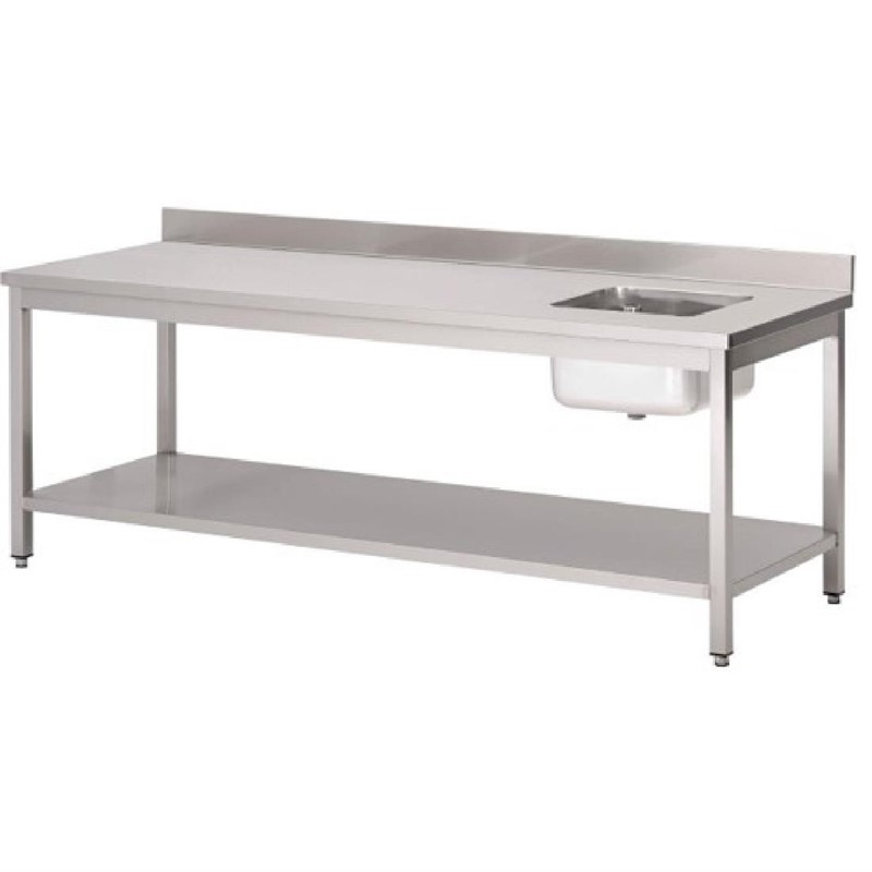 Gastro M RVS werktafel - spoelbak rechts en achteropstand 140(L) x 70(B) x 85(H)cm Gastro M RVS werktafel - spoelbak rechts en achteropstand 140(L) x 70(B) x 85(H)cm