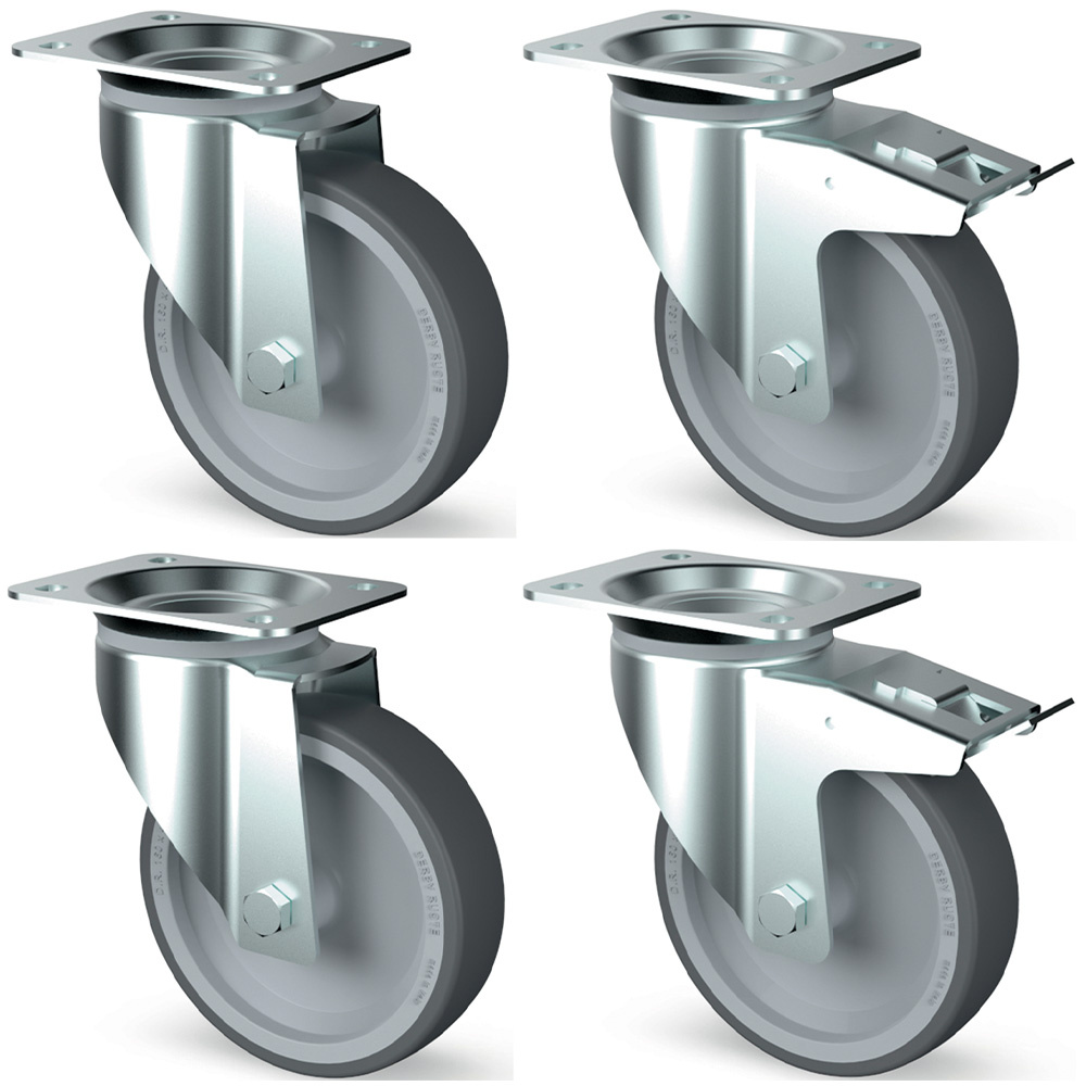 Set van 4 R.V.S.-wielen, zwenkend, 2 met rem Set van 4 R.V.S.-wielen, zwenkend, 2 met rem