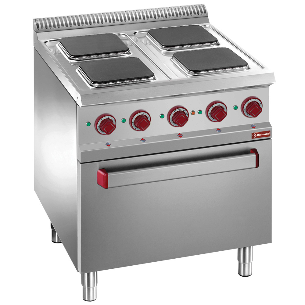 Elektrisch fornuis 4 vierkante platen op elektrische oven GN 2/1 en gril Elektrisch fornuis 4 vierkante platen op elektrische oven GN 2/1 en gril