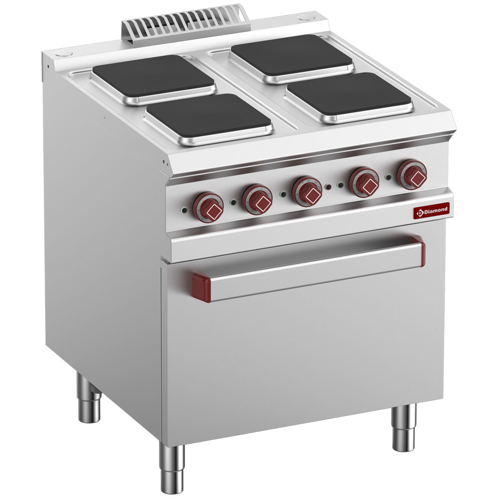 Elektrisch fornuis 4 vierkante platen op elektrische oven GN 2/1 en gril Elektrisch fornuis 4 vierkante platen op elektrische oven GN 2/1 en gril