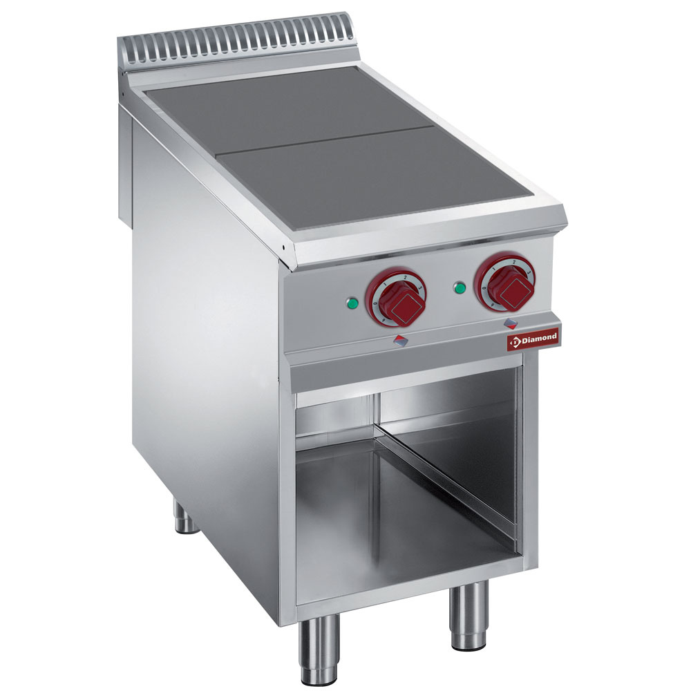 Elektrisch fornuis met 2 verlaagde kookplaten op open kast Elektrisch fornuis met 2 verlaagde kookplaten op open kast