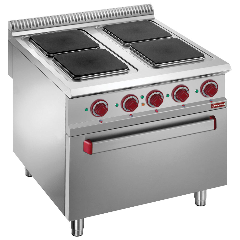 Elektrisch fornuis met 4 vierkante kookplaten op elektrische GN 2/1 oven Elektrisch fornuis met 4 vierkante kookplaten op elektrische GN 2/1 oven