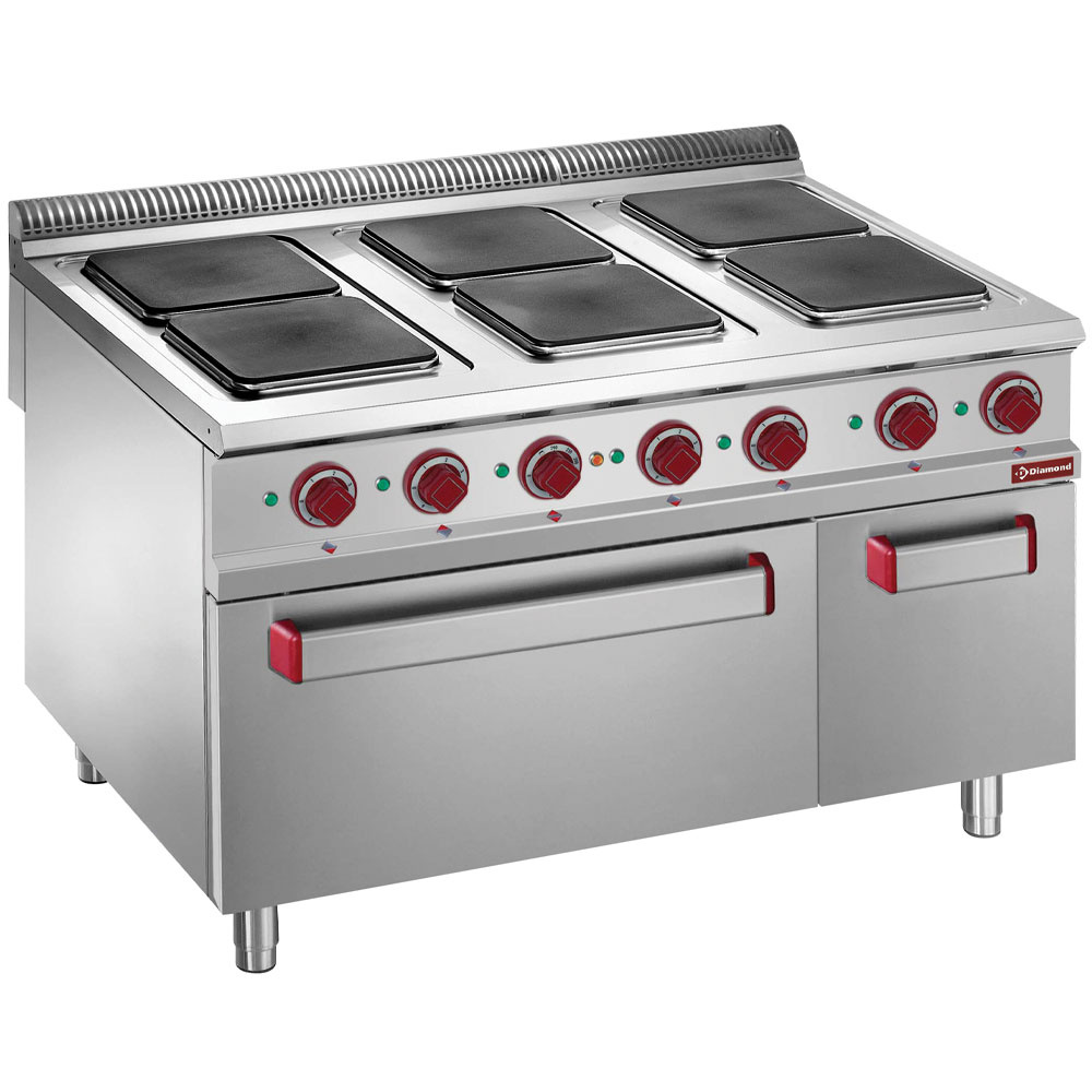 Elektrisch fornuis met 6 vierkante kookplaten op elektrische oven GN 2/1, gesloten neutrale kast Elektrisch fornuis met 6 vierkante kookplaten op elektrische oven GN 2/1, gesloten neutrale kast