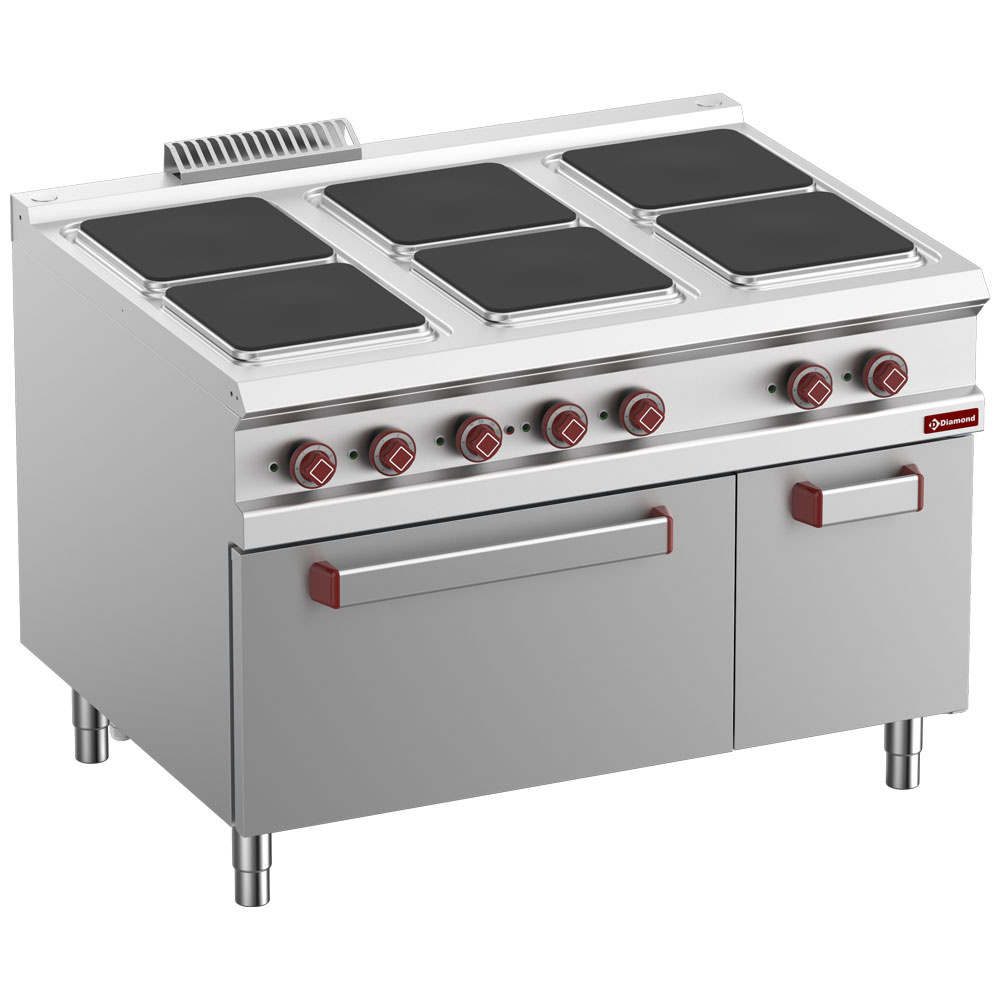 Elektrisch fornuis met 6 vierkante kookplaten op elektrische oven GN 2/1, gesloten neutrale kast Elektrisch fornuis met 6 vierkante kookplaten op elektrische oven GN 2/1, gesloten neutrale kast