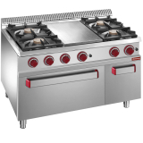 Gasfornuis 4 branders, sudderplaat, gasoven GN 2/1 en kast GN 1/1 Gasfornuis 4 branders, sudderplaat, gasoven GN 2/1 en kast GN 1/1