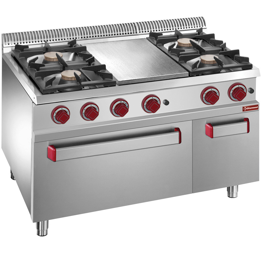 Gasfornuis 4 branders, sudderplaat, gasoven GN 2/1 en kast GN 1/1 Gasfornuis 4 branders, sudderplaat, gasoven GN 2/1 en kast GN 1/1