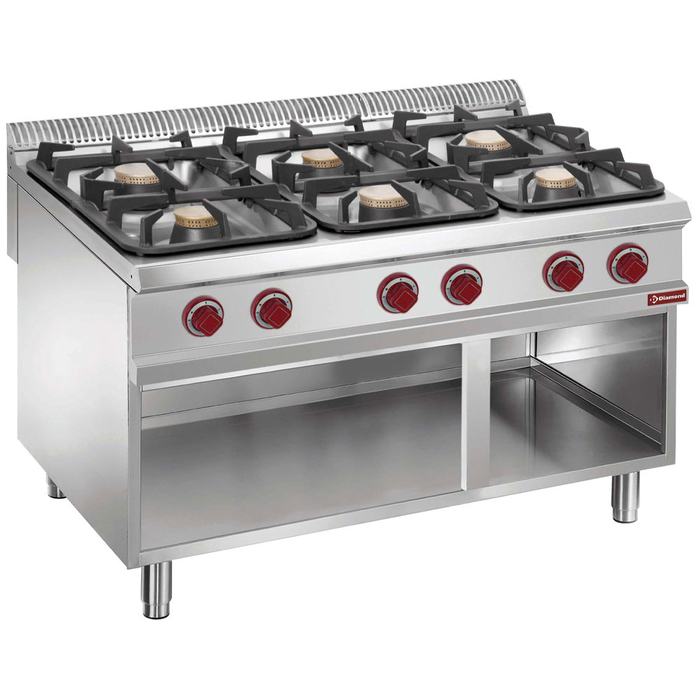 Gasfornuis met 6 branders op open kast Gasfornuis met 6 branders op open kast