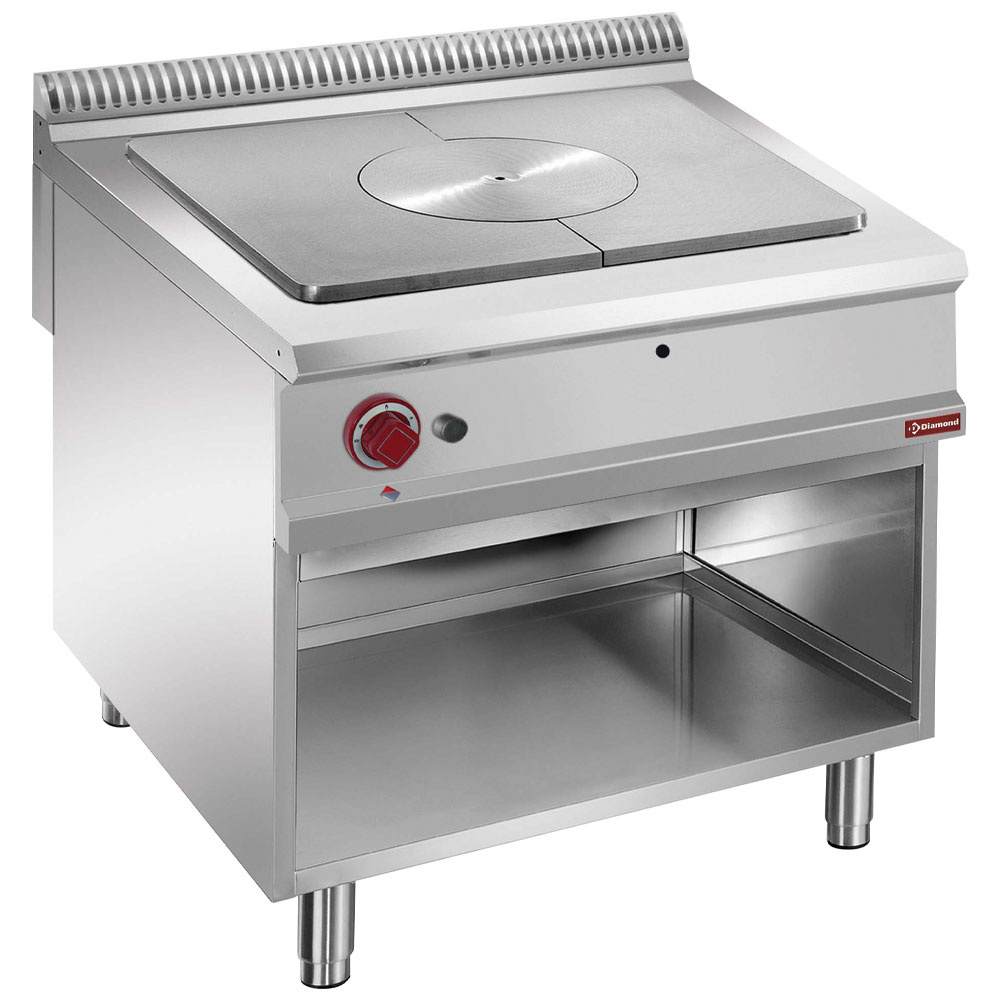 Gasfornuis met doorkookplaat op open kast Gasfornuis met doorkookplaat op open kast