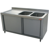 Spoeltafel 2 Kuipen 400x500xh275, Links Druipvlak op Kast Met 2 Schuifdeuren