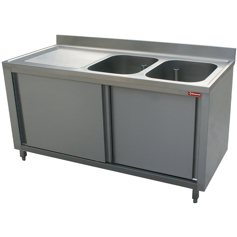 Spoeltafel 2 kuipen 500x500xh325, links druipvlak op kast met 2 schuifdeuren Spoeltafel 2 kuipen 500x500xh325, links druipvlak op kast met 2 schuifdeuren