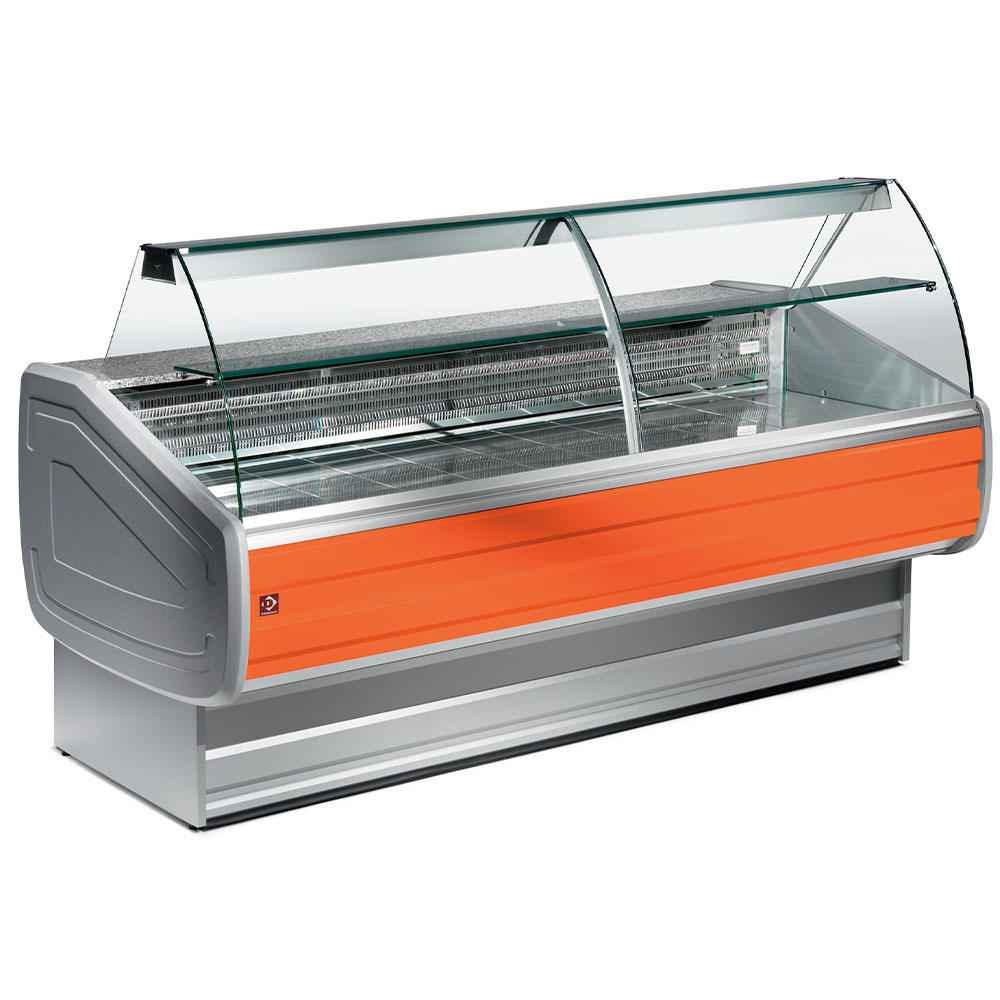Gekoelde vitrinetoonbank gebogen ruit, geventileerd, met reserve Gekoelde vitrinetoonbank gebogen ruit, geventileerd, met reserve