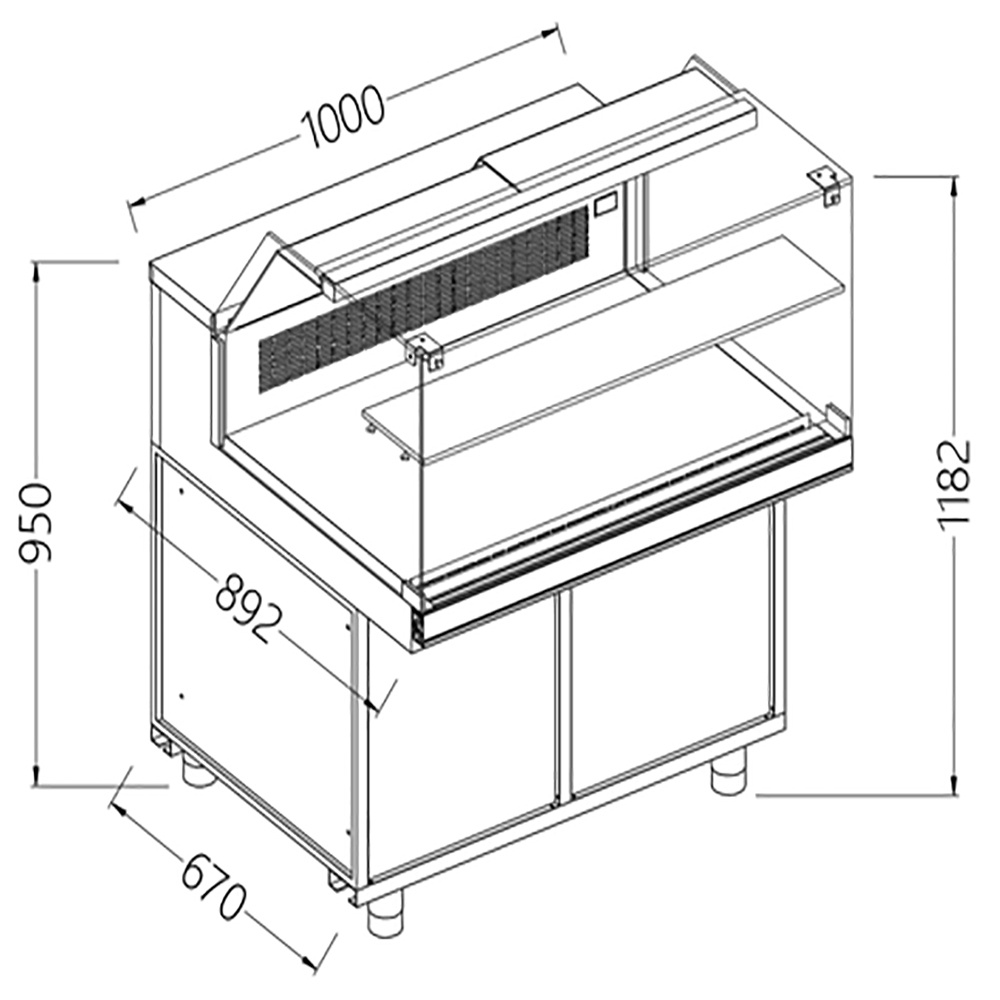 Statische gekoelde toonbankvitrine voor snacks_lage ruiten, groep op afstand Statische gekoelde toonbankvitrine voor snacks_lage ruiten, groep op afstand