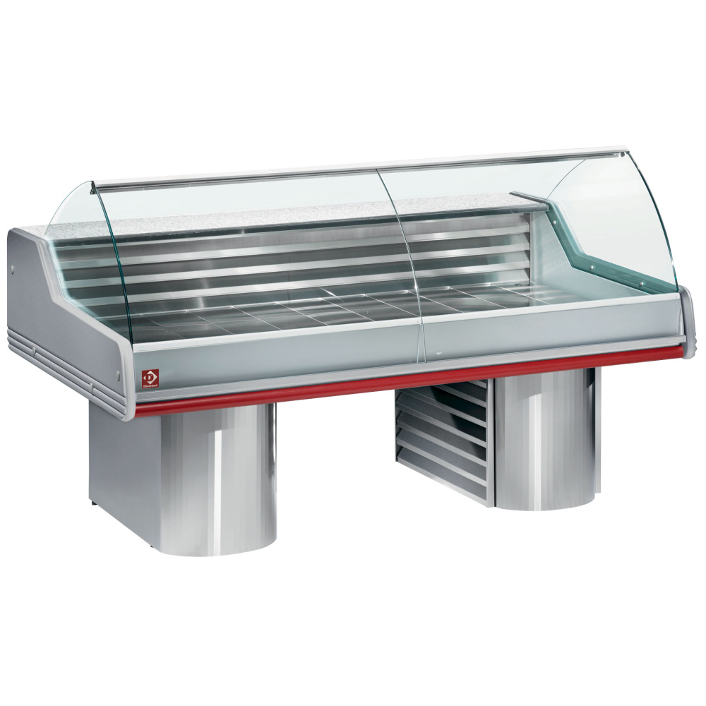 Gekoelde vitrine toonbank met gebogen ruit, op sokkels Gekoelde vitrine toonbank met gebogen ruit, op sokkels