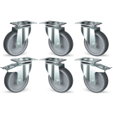 Set 6 zwenkwielen R.V.S., 2 met rem Set 6 zwenkwielen R.V.S., 2 met rem
