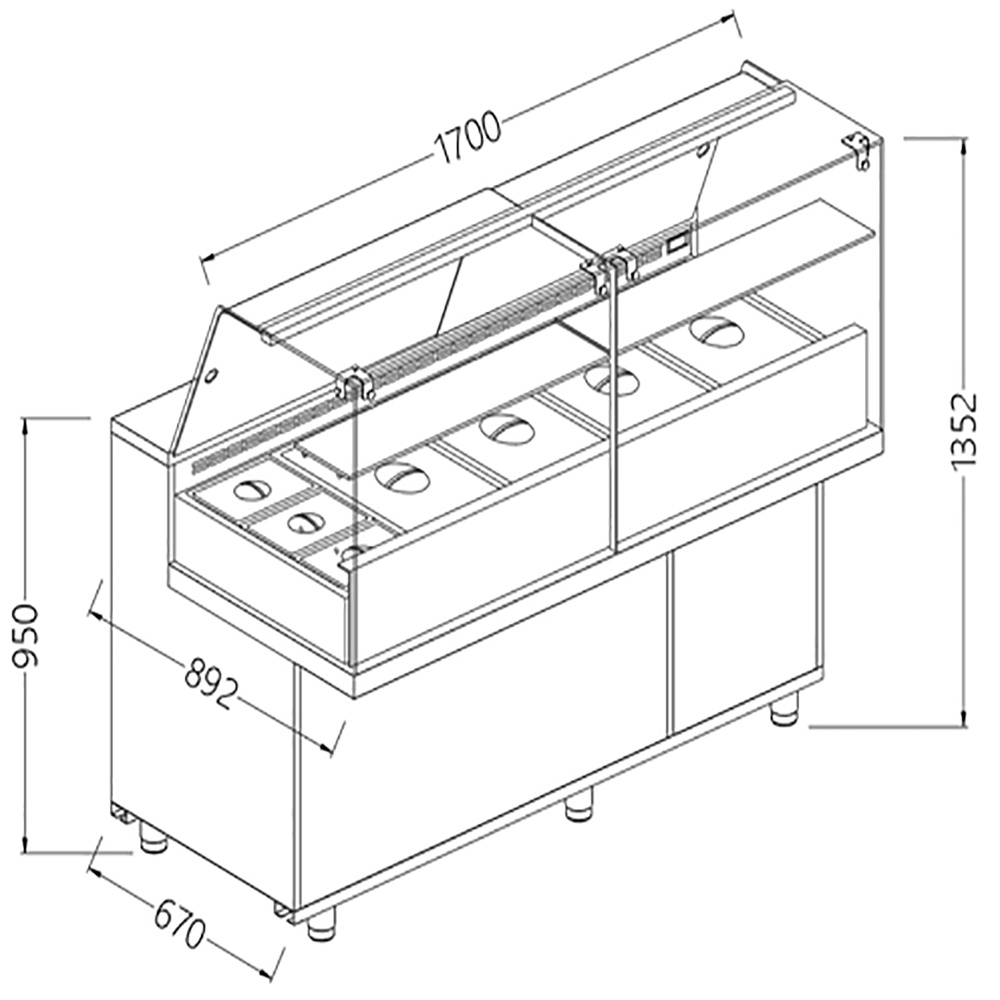 Toonbank vitrine snack saladette met reserve _hoge ruiten, groep op afstand Toonbank vitrine snack saladette met reserve _hoge ruiten, groep op afstand