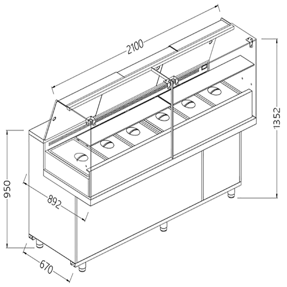 Toonbank vitrine snack saladette met reserve _hoge ruiten, groep op afstand Toonbank vitrine snack saladette met reserve _hoge ruiten, groep op afstand