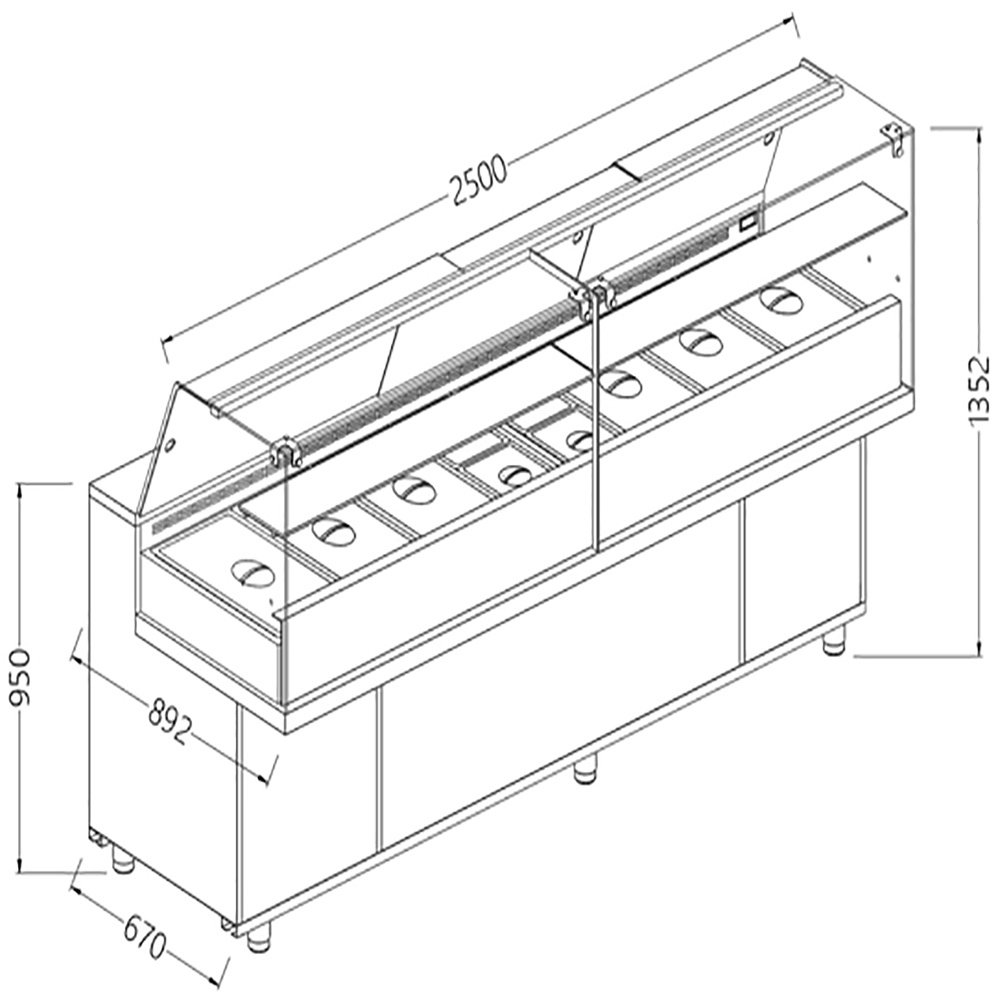 Toonbank vitrine snack saladette_hoge ruiten, groep op afstand Toonbank vitrine snack saladette_hoge ruiten, groep op afstand