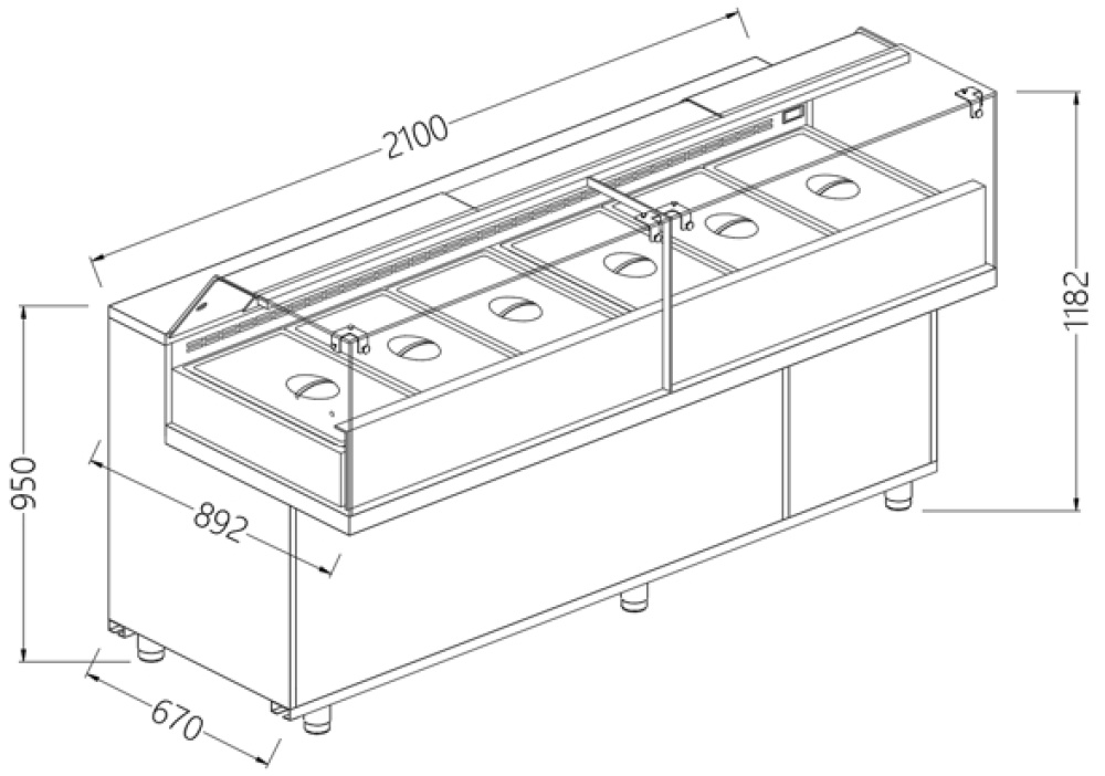 Toonbank vitrine snack saladette met reserve_lage ruiten, groep op afstand Toonbank vitrine snack saladette met reserve_lage ruiten, groep op afstand