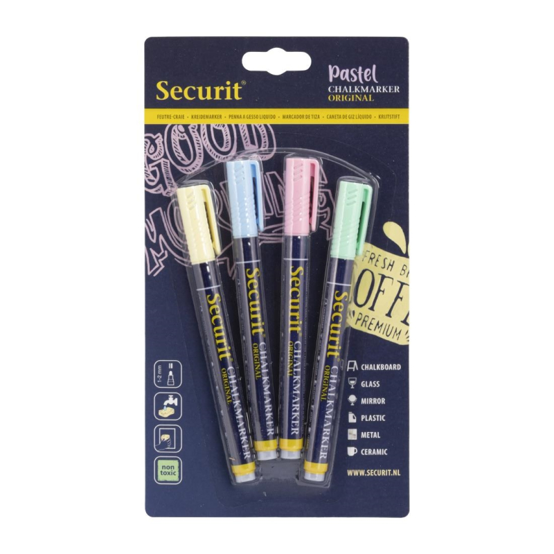 Securit Liquid pastel krijtstift met 1-2mm Penpunt in groen, blauw, geel, lila (doos 4) Securit Liquid pastel krijtstift met 1-2mm Penpunt in groen, blauw, geel, lila (doos 4)